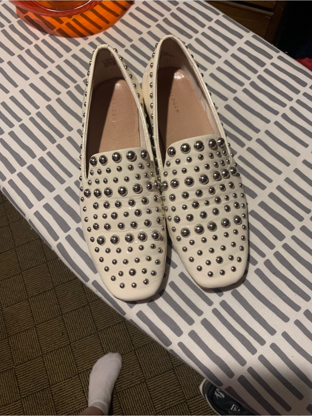 Halogen Cream Patent-leather Studded loafers; enhance your wardrobe with class.